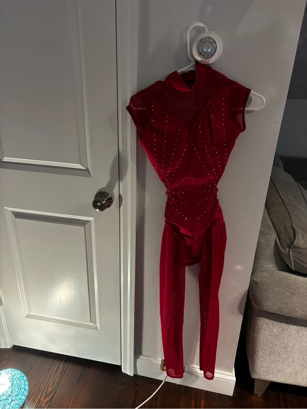 DANCE COSTUME Red Rhinestone Dance Leotard with Sheer Panels